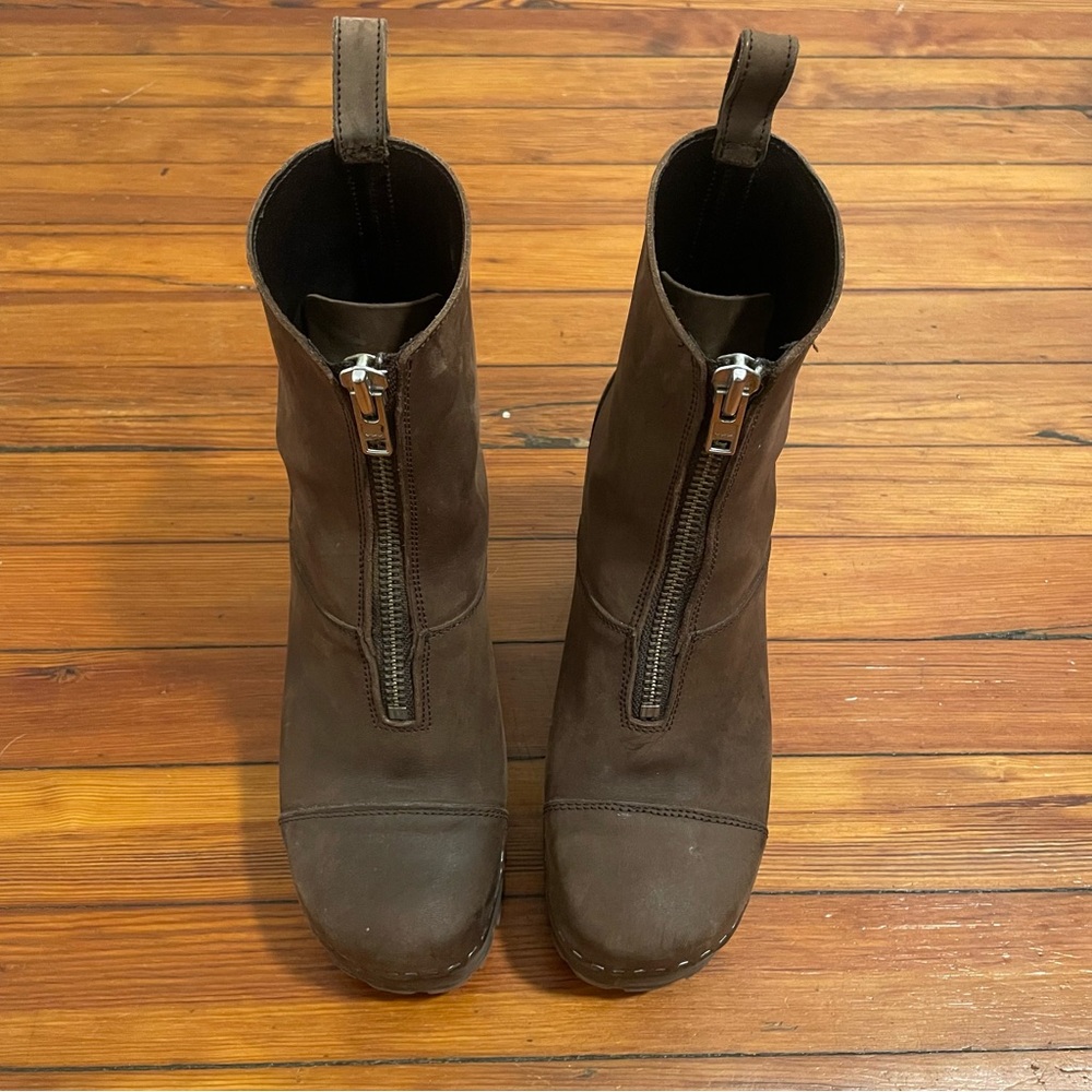Swedish Hasbeens Zip Front Platform Clog Boot Scandi Size 41 Women Brown Nubuck - Picture 5 of 12